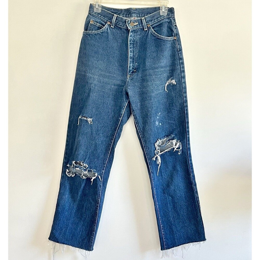 VTG 80s Lee Riders High Waisted Denim Jeans Dark Wash Distressed Frayed Hem 11 L